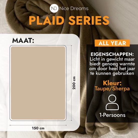 Schema van een 150x200 cm plaid. Kleur: Taupe/Sherpa. "PLAID SERIES" en "1-Persoons" zichtbaar.