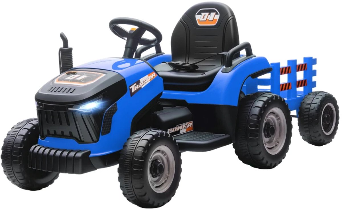 Elektrische Kinderauto - Kindertractor - Zittractor - 12V Accu - tot 5 km/u - Kinderen 3-8 jaar - met Afstandsbediening en Verlichting - Claxon, Softstart & Muziek - Accuvoertuigen - Blauw