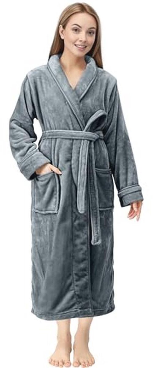 Dames Fleece Sjaal Kraag Badjas - Pluche Lange Robe, Donkergrijs, M
