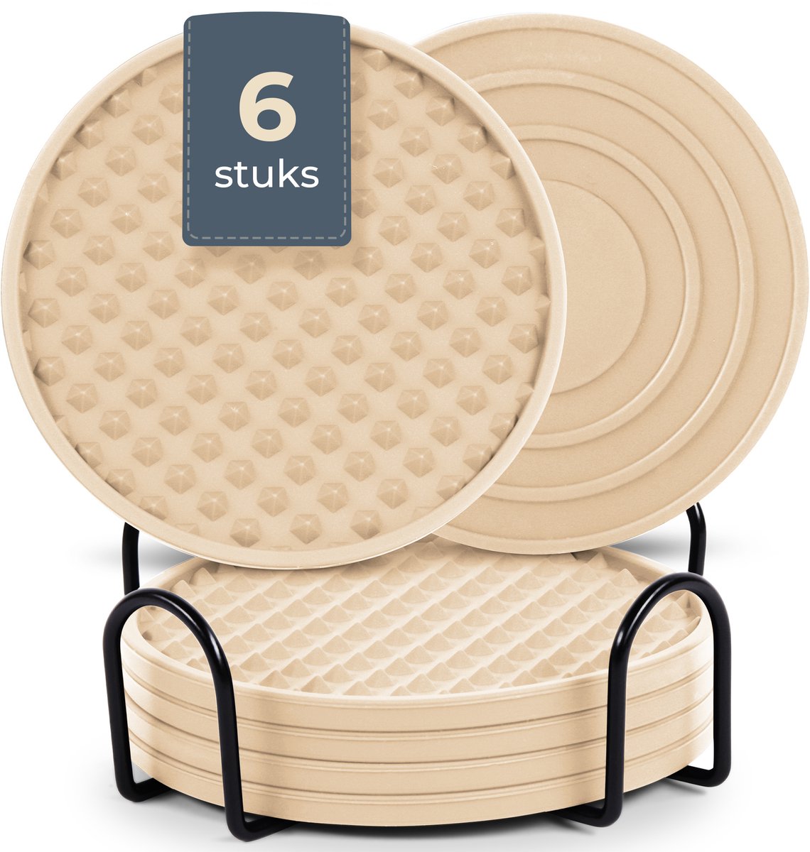 Castagnola Siliconen Onderzetters – Onderzetters voor Glazen – Design Onderzetters met Houder – Onderzettersset – Anti Slip - Set van 6 – Beige