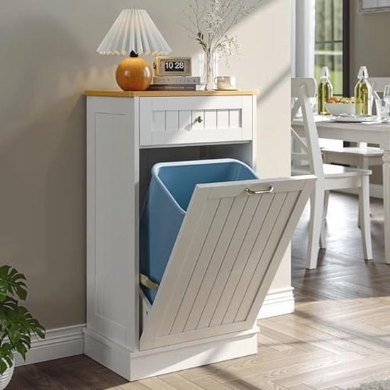 Witte kantelbare vuilnisbak met houten blad, een blauwe prullenbak binnenin, in een eetkamer.