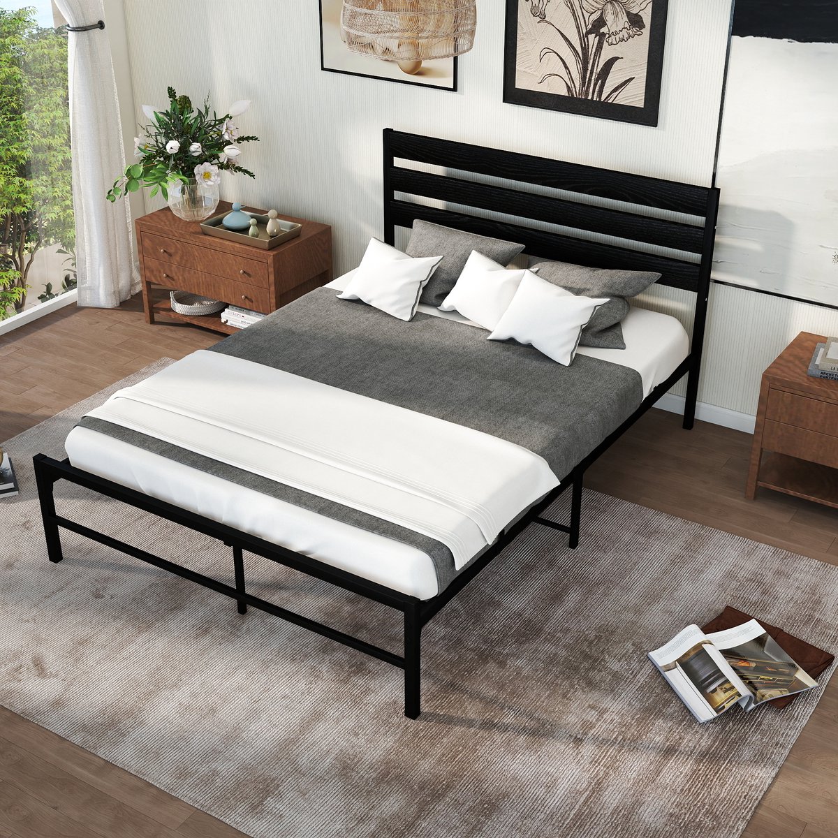REDOM Bedframe 90x200 cm – Metaal zwart – Met stalen lattenbodem & opbergruimte – Modern