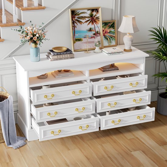 REDOM Opbergkast 120×40×70 cm — Moderne commode met 6 lades, halboffen display en afstandsbediende LED, wit