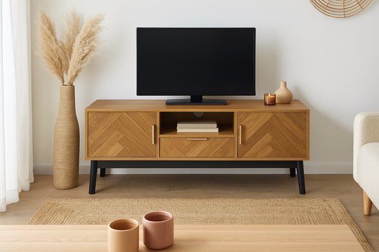 Meuble TV Valerio – 110 cm – Marron Noir – Bois & MDF – Façade Chevrons – Met Tiroir et Compartiments de Rangement