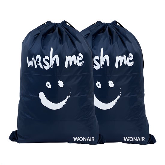 Wonair - Grand sac à linge - 60x90cm - Bleu foncé - Avec cordon de serrage et bandoulière