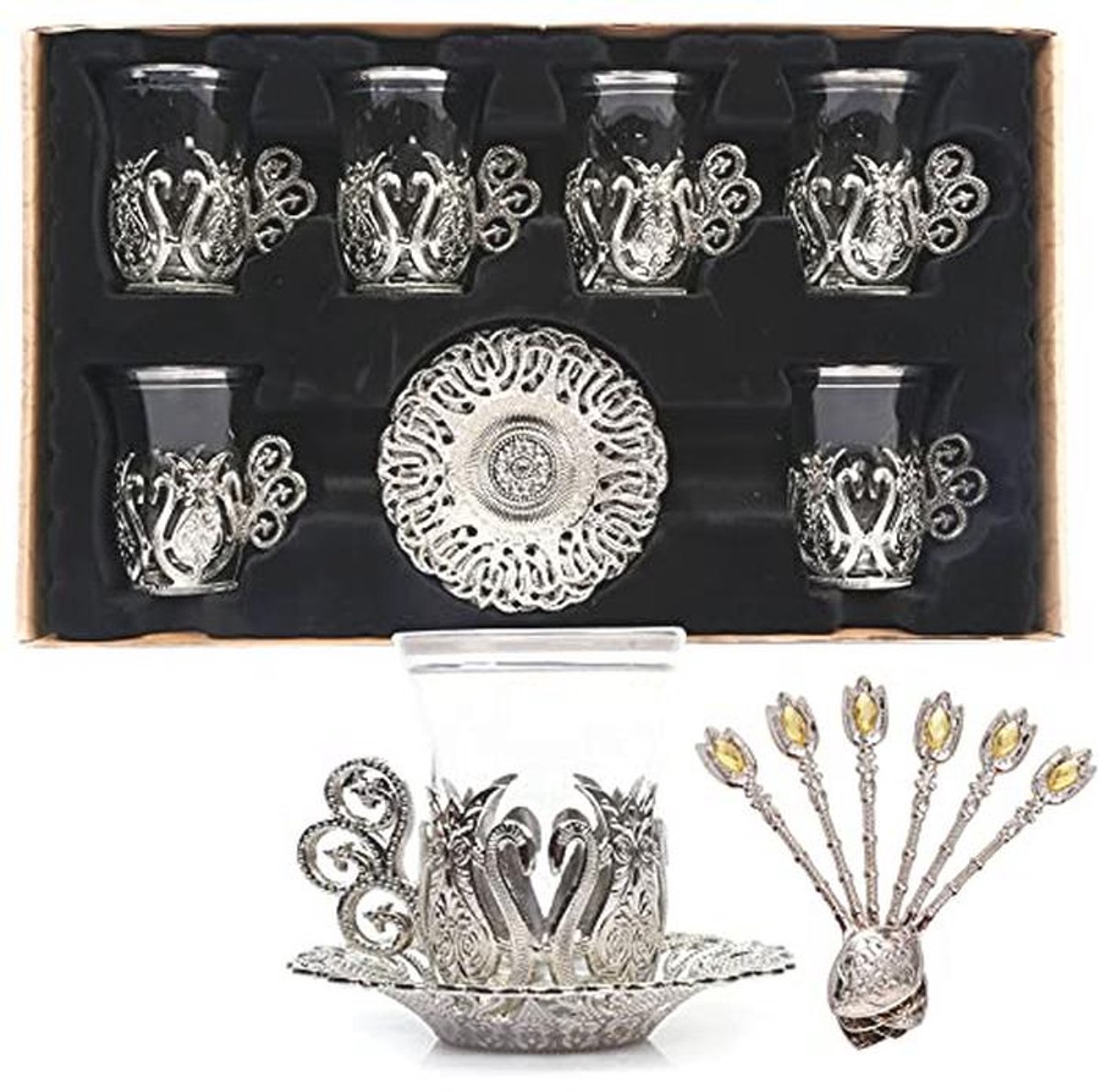 Set van 6 Handgemaakte Turkse Theeglazen met Schotel en Lepel - Ottomaanse Stijl
