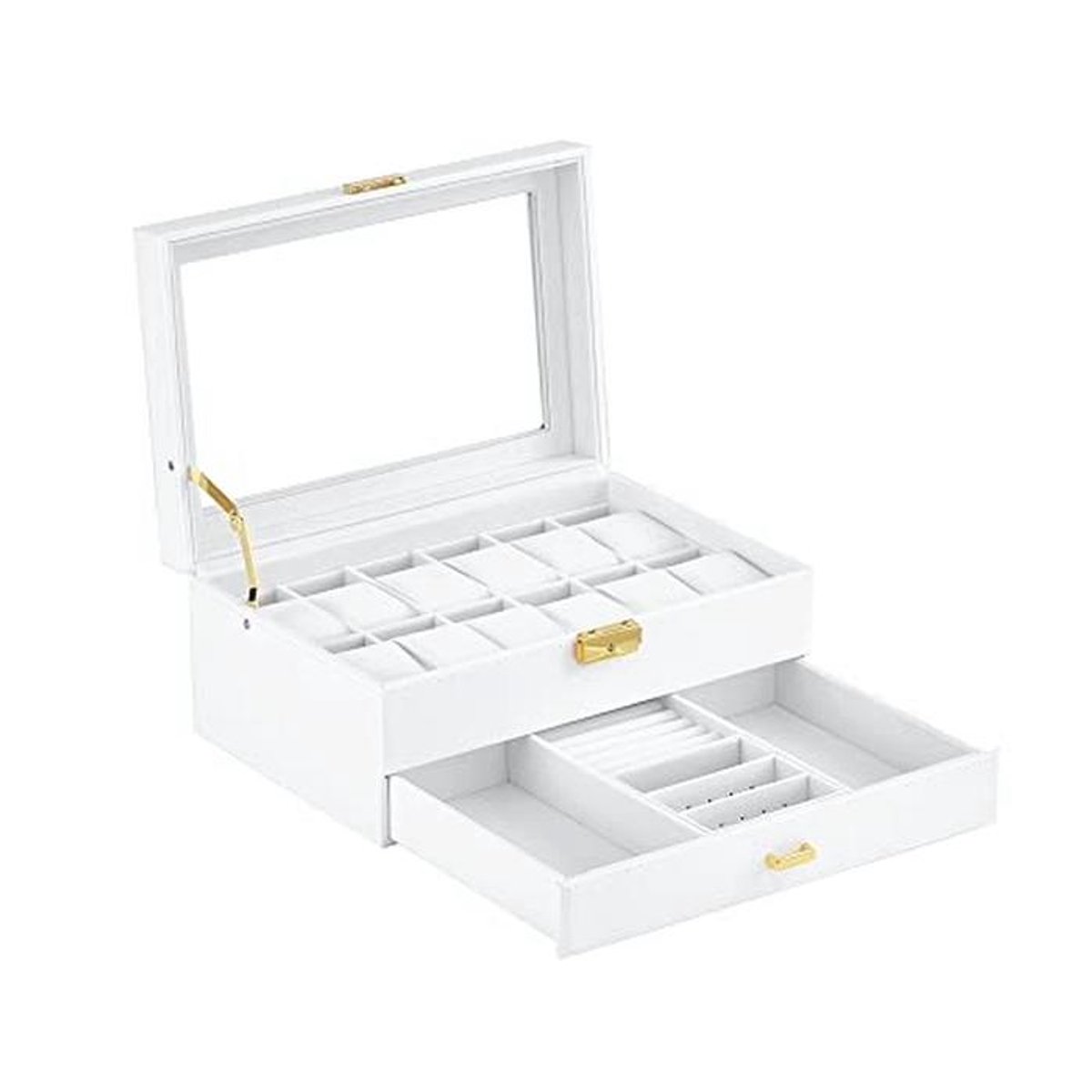 Luxe Horlogedoos met 12 Vakken en Glazen Display - Presentatie-Organizer voor Horloges en Sieraden