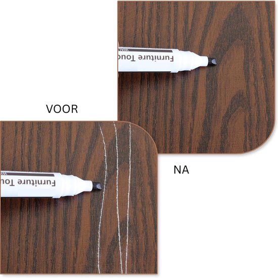 Voor en na foto's van een houten oppervlak. Links de kras, rechts de kras hersteld met een witte meubelmarker.