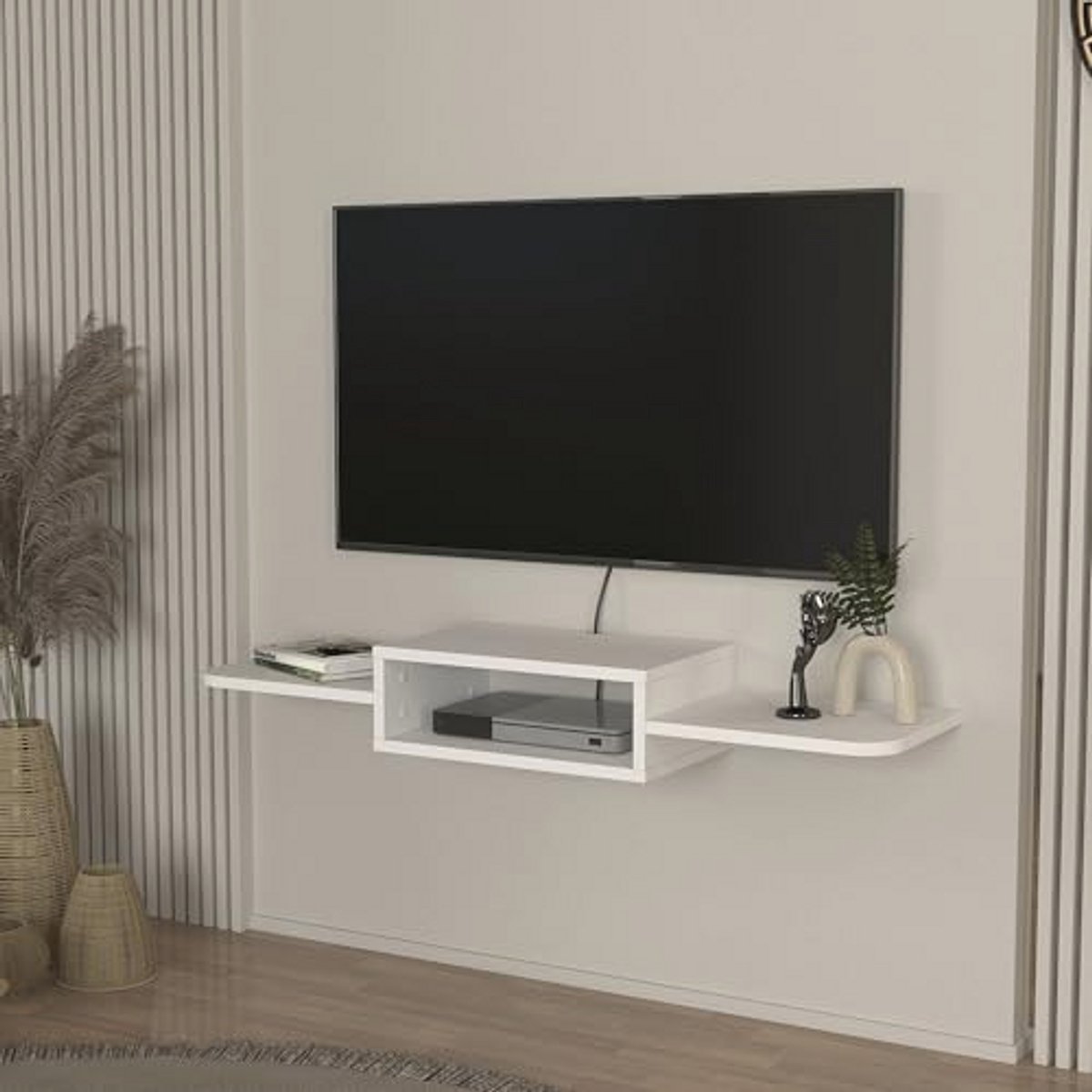 Zwevend TV-meubel Tar met Open Vakken en Kabeldoorvoer – 115x30x16 cm Wit