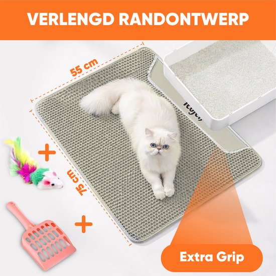 Beige kattenbakmat met honingraatontwerp, 55x75 cm, met speelgoedmuis en schepje.