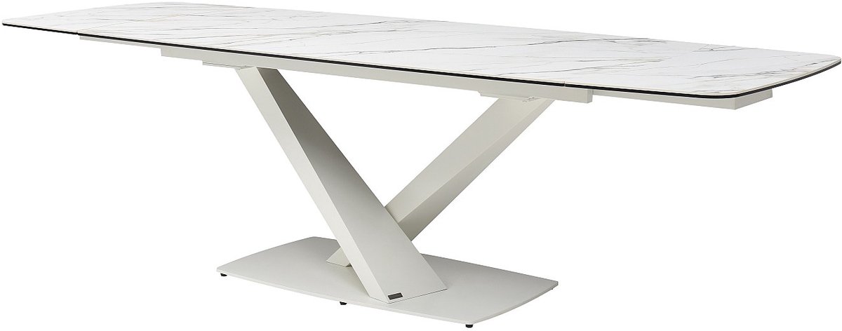 Vente-unique Verlengbare eettafel 6 tot 10 personen van gehard glas, keramiek en metaal - Wit marmereffect - MALATA van Maison Céphy