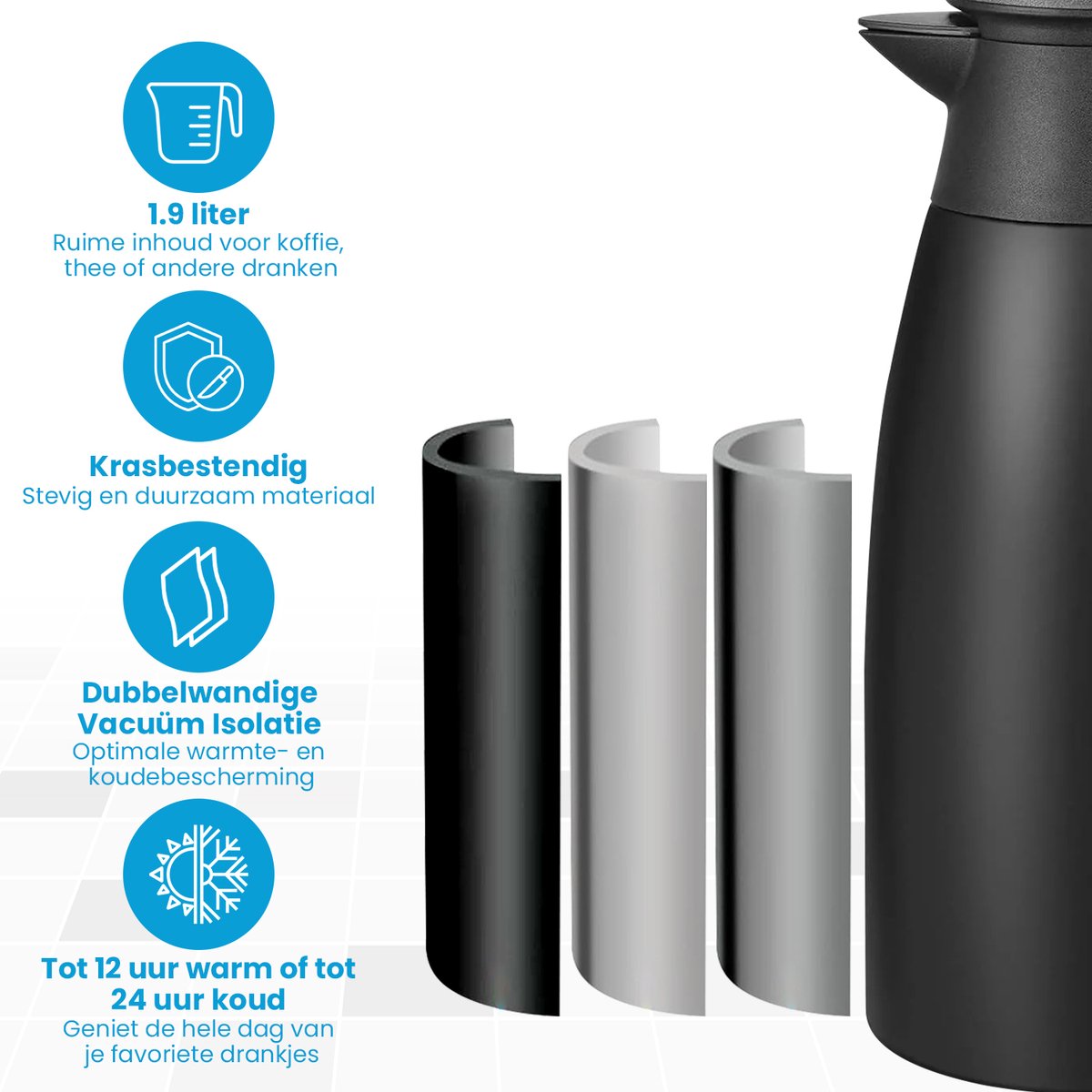Thermoskan - 1,9 Liter - Thermos - Isoleerkan - Koffie en thee - Warm en koud - Zwart — cadeau in Koken & Dineren - foto 3