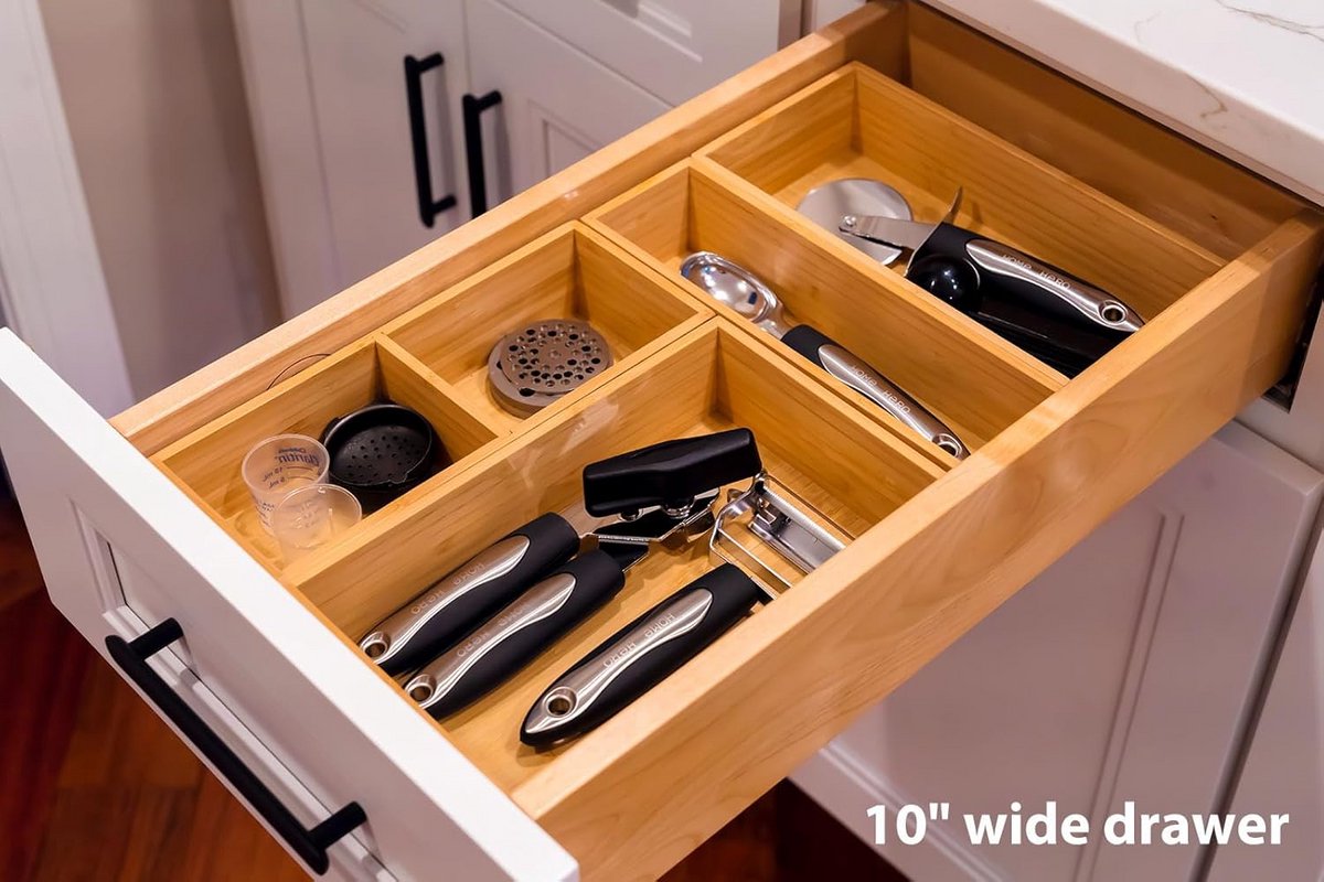 Bamboe ladeverdeler 6,3 cm - 5 herschikbare bakken voor keuken, kantoor, desktop, kleding, make-up, sieraden — cadeau in Cadeau-ideeën - foto 4