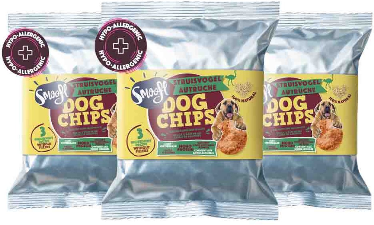Smoofl Hondensnack Dog Chips Struisvogel - 3 x 50 gr - Voordeelverpakking