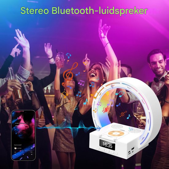 longziming -Bluetooth Speaker - Digitale Klok Slaapkamer - Bluetooth Speaker met Draadloos Opladen 15W - Bluetooth 5.3 - 3D Geluid - LED Sfeerverlichting met Digitale Klok en Telefoonhouder - Multifunctionele Bureau Speaker - wit van Longziming — afbeelding 3