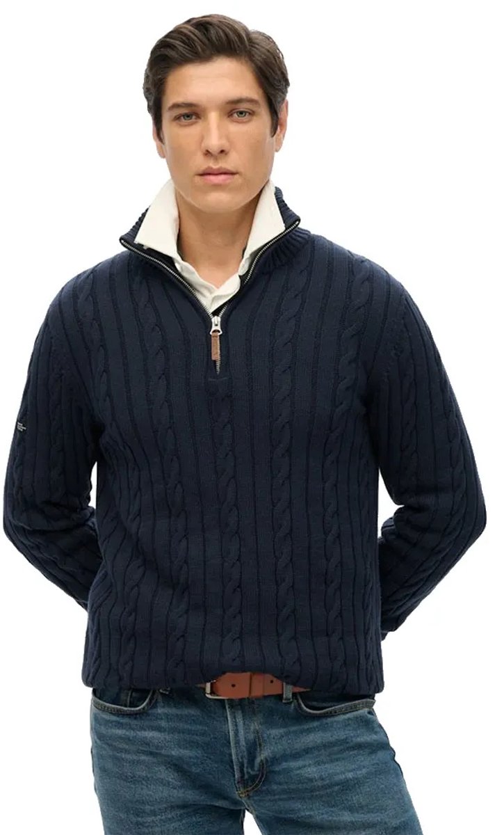 Superdry Biologisch Katoenen Klassieke Kabel Halve Rits Trui Heren Sweaters Blauw