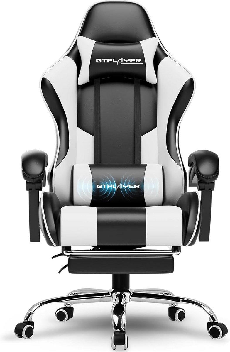 Ergonomische Bureaustoel met Voetensteun en Lendenkussen voor Gaming en Kantoor - Wit