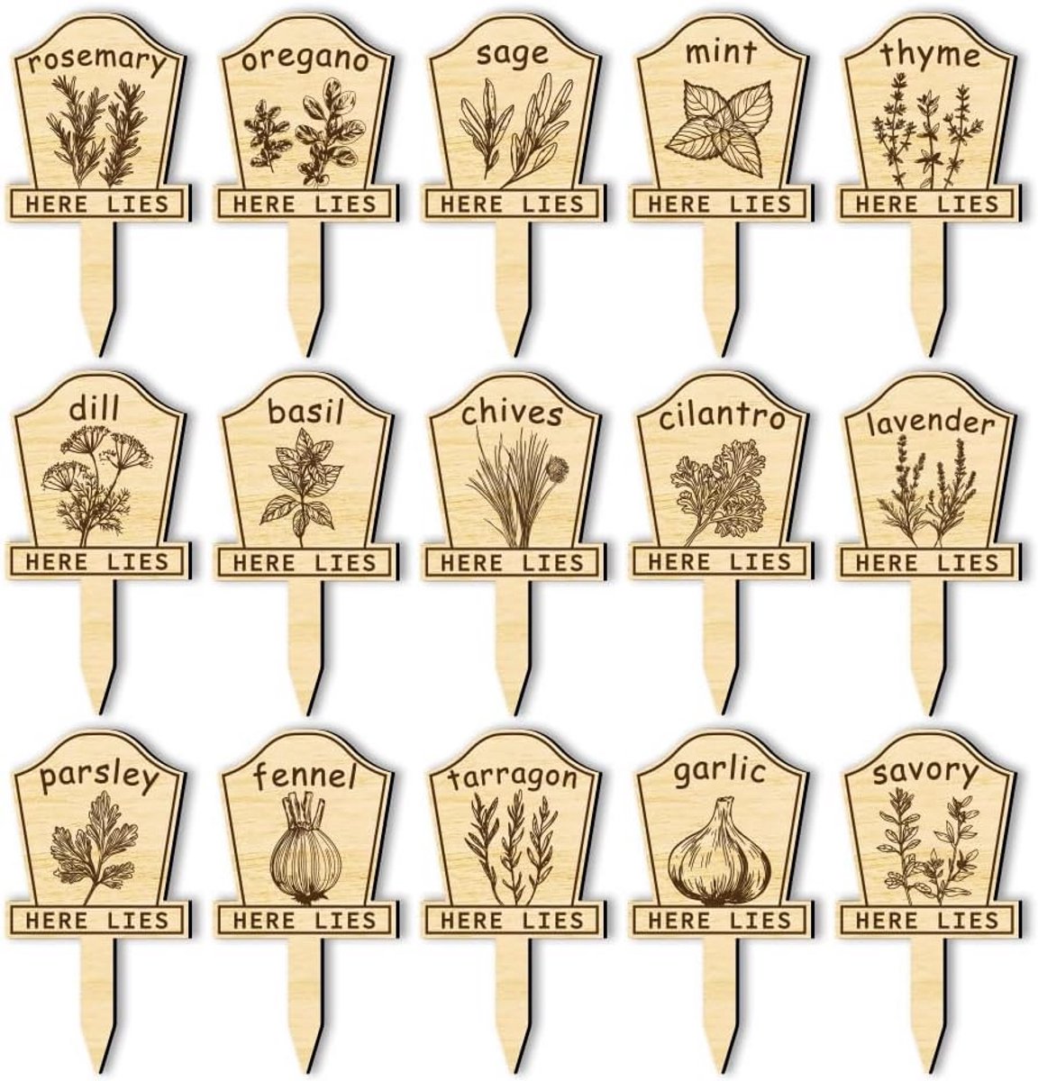 15 stuks houten plantenlabels gravenvorm voor kruiden en pottenplanten