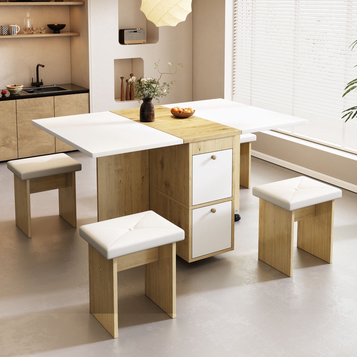 HAUSS SPOLE Eettafelset – Klap- Uittrekbare Eettafel Met 4 Stoelen – 120x80x75 cm – Multifunctioneel Voor Eetkamer En Kleine Ruimtes – Spaanplaat Wit