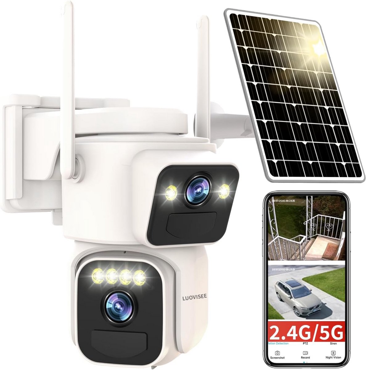 Draadloze Zonne-beveiligingscamera voor Buiten - 2.4G/5G WiFi - PTZ Bewegingsdetectie - Dubbele Lens - 2-Weg Audio - Nachtzicht - Weerbestendig - Oplaadbaar - SD- en Cloudopslag