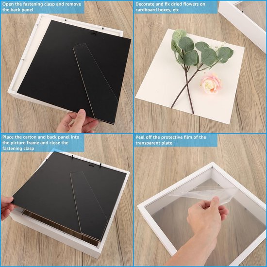 JMIATRY Set van 4 3D-fotolijsten 20 x 20 cm, fotolijsten om te vullen, wit, objectlijst schaduwbox voor bloemen, medailles, foto's
