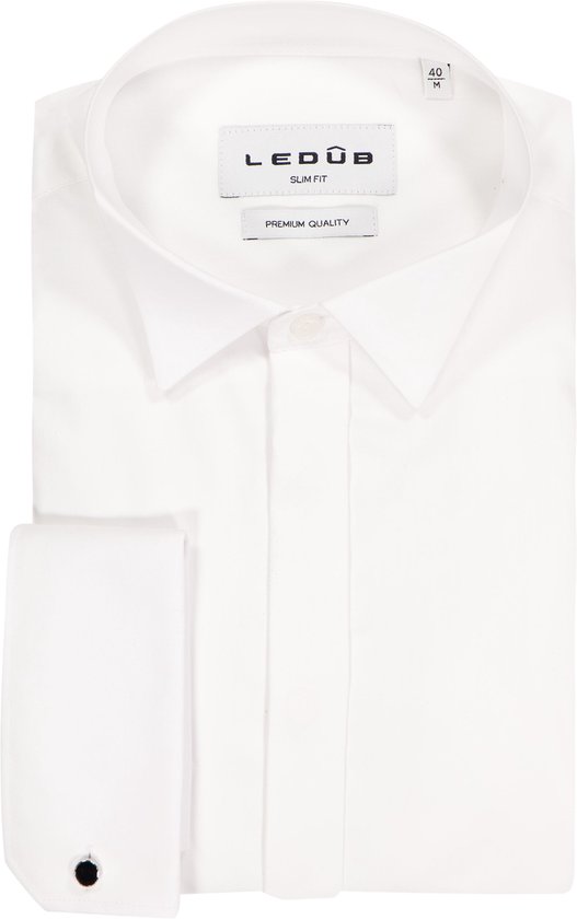 Ledub slim fit smoking overhemd - dubbele manchet en wing kraag - wit - Strijkvriendelijk - Boordmaat: 45