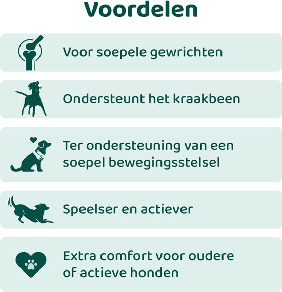 Uitleg van voordelen met iconen: soepele gewrichten, ondersteunt kraakbeen, soepel bewegingsstelsel, speelser, extra comfort.