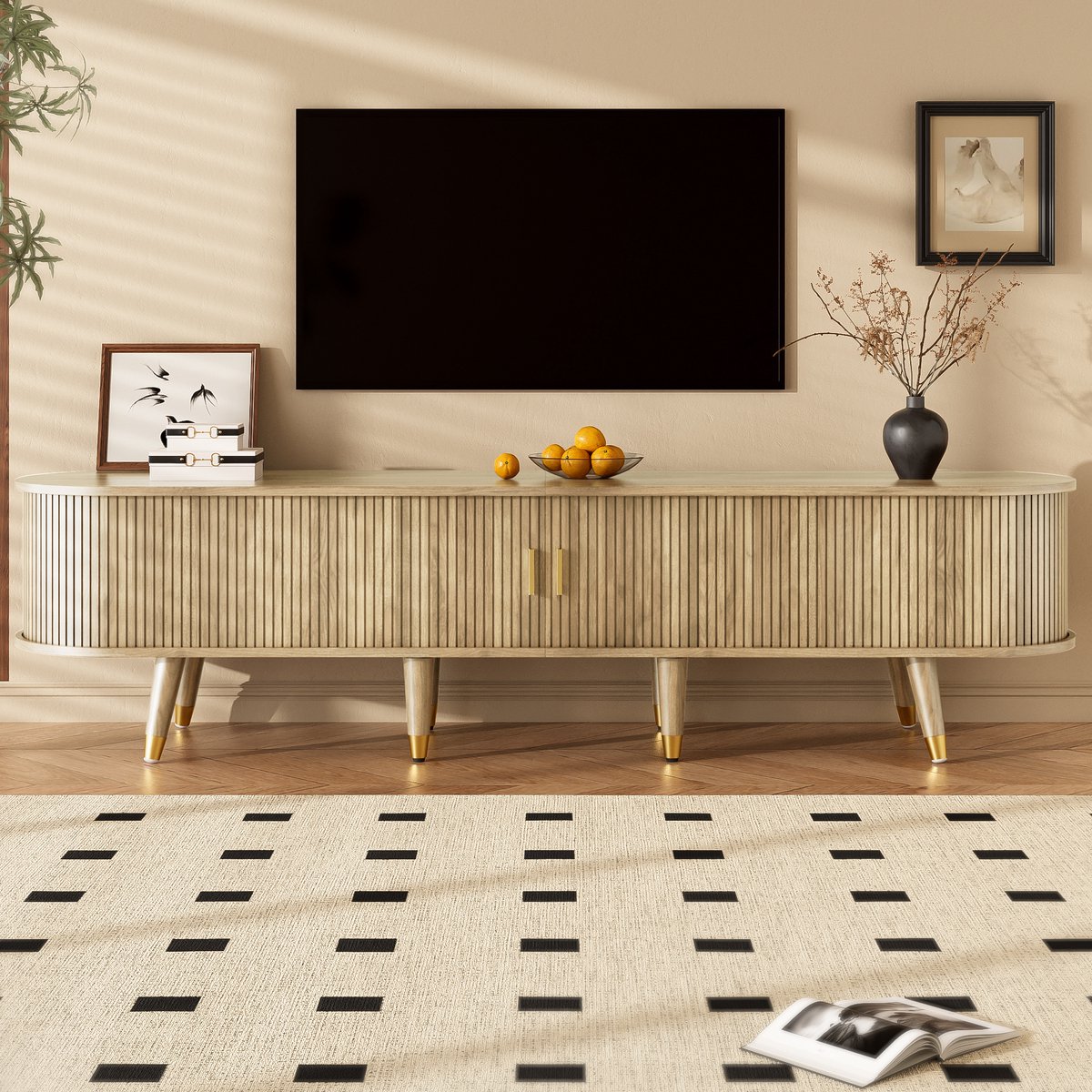 MODFU Tv-meubel – 175x38x45 cm – Met schuifdeuren & lades – Eikenlook met goudaccenten – Ruime opbergruimte – Tv-kast voor woonkamer – Stevig MDF