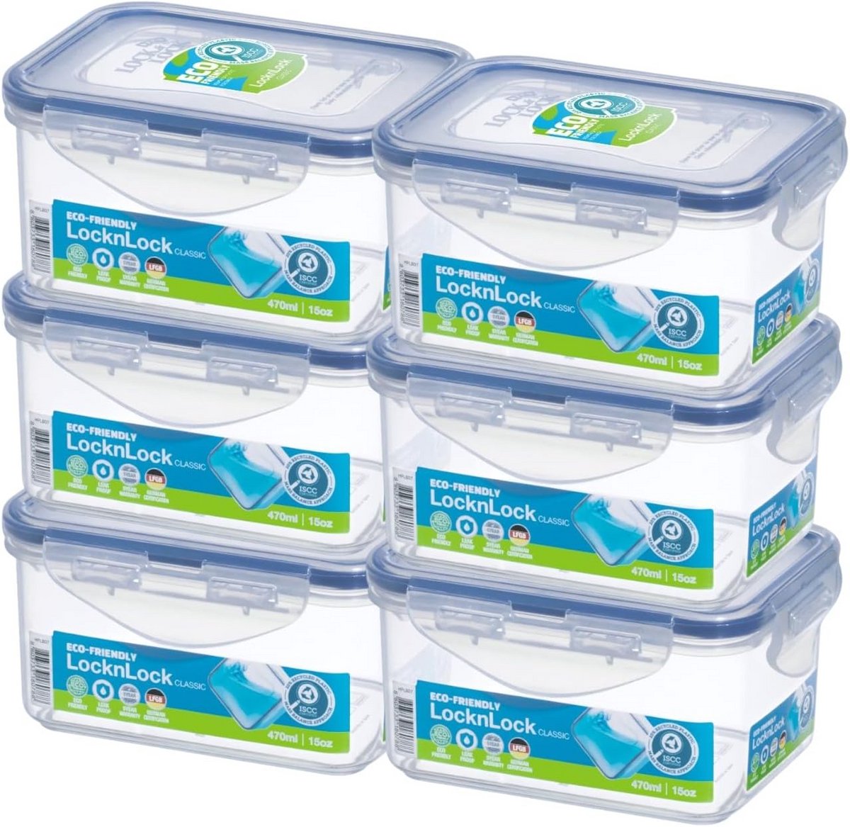Set van 6 Rechthoekige Voedselcontainers met Deksel - 470 ml Opslag