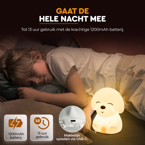 Nachtlampje Kinderen LED - Puppy Nachtlamp - Siliconen Baby Nachtlamp - Touchbediening - Kleurveranderend - Dimbaar - Draadloos - Nachtlicht Kind - Bedlampje Baby - Timer 30 & 60 Min - USB Oplaadbaar - Bello van Merkloos — afbeelding 3