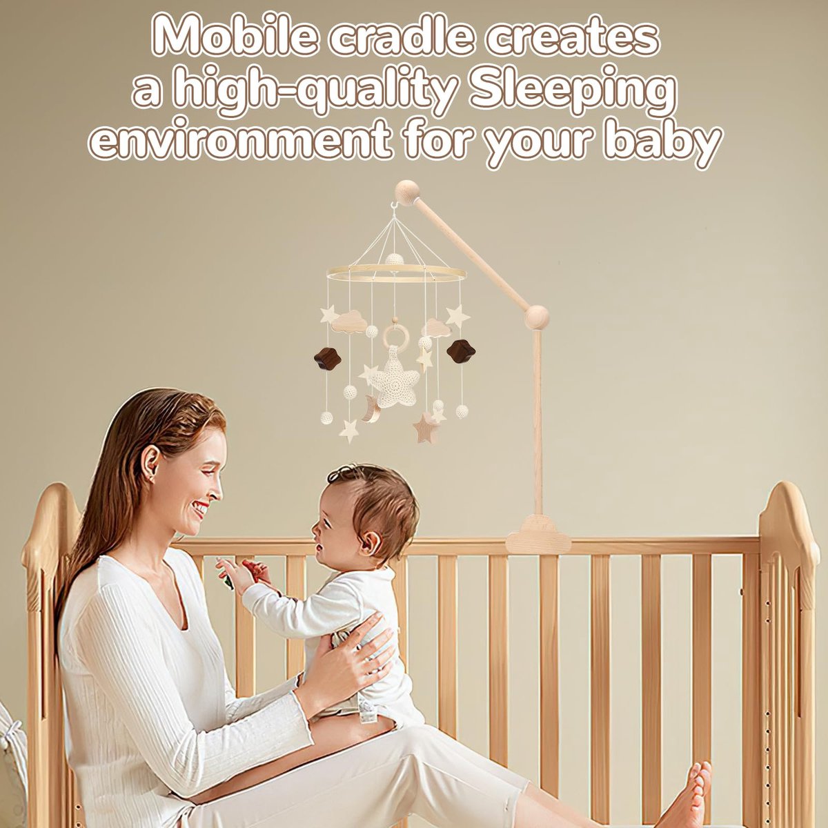 Houten mobielhouder voor babybed - Verstelbare baby mobiel standaard - Voor windgongen, bedbellen en babyspeelgoed - Aanpasbaar voor kinderkamer en commode - Houtkleur – foto 5
