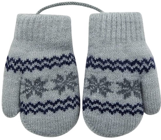 Gants chauds et mignons pour enfants tricotés - Gants avec motif de flocons de neige et cordon au cou - Moufles douces et confortables - Met un cordon anti-perte - Gants résistant au froid pour enfants en automne et hiver - 0-2 ans