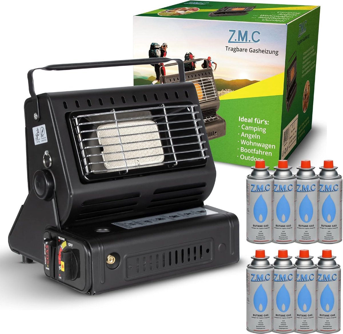 Z.M.C 2-in-1 draagbare gaskachel en gasfornuis + 8 gaspatronen 227 g, keramische campingkachel 1,7 kW, gaskachel voor buiten en terrassen, tuin & balkon, mobiele straalkachel met piëzo-ontsteking