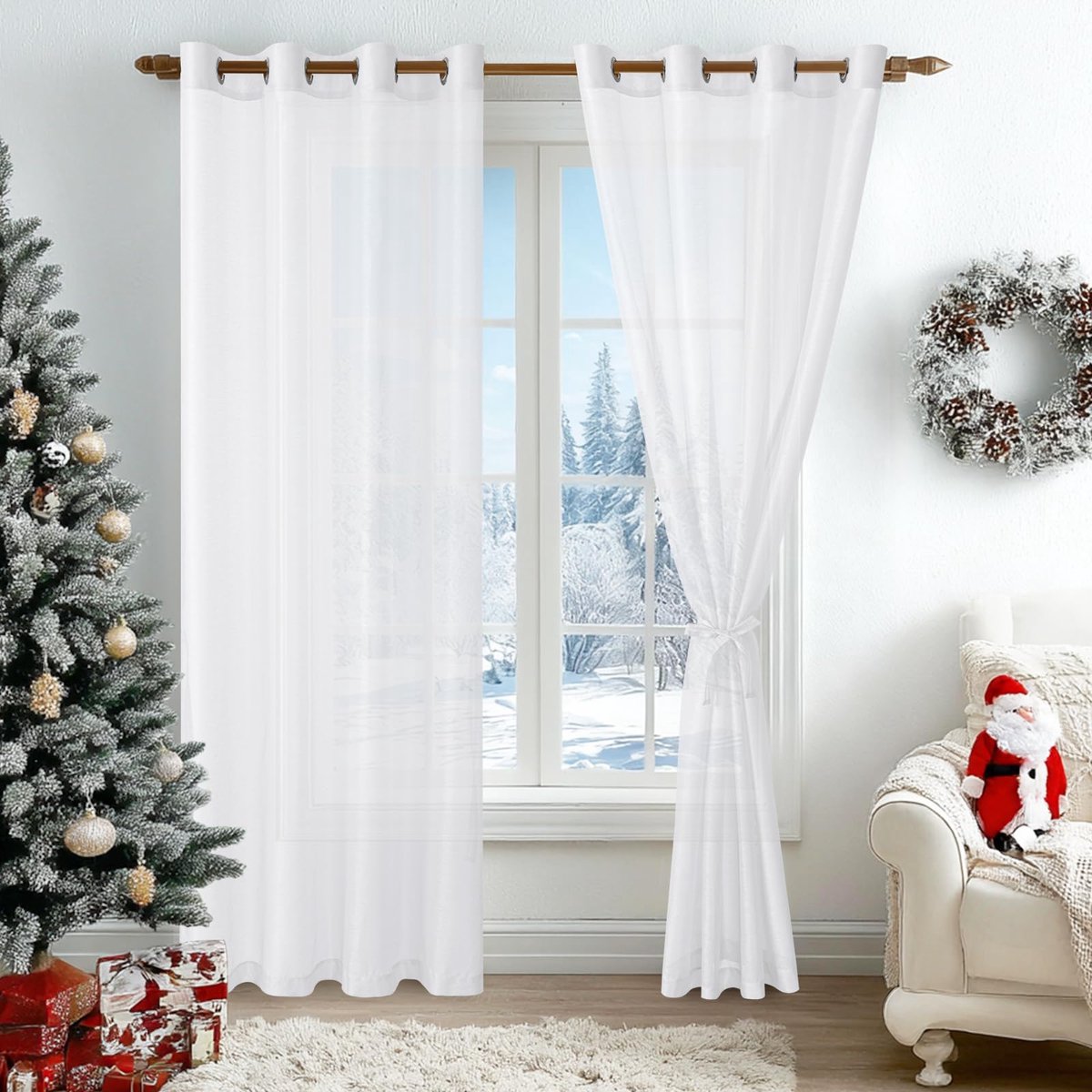 Unyqoos Set van twee elegante witte glasgordijnen met metalen ringen voor huisdecoratie 225 x 140 cm