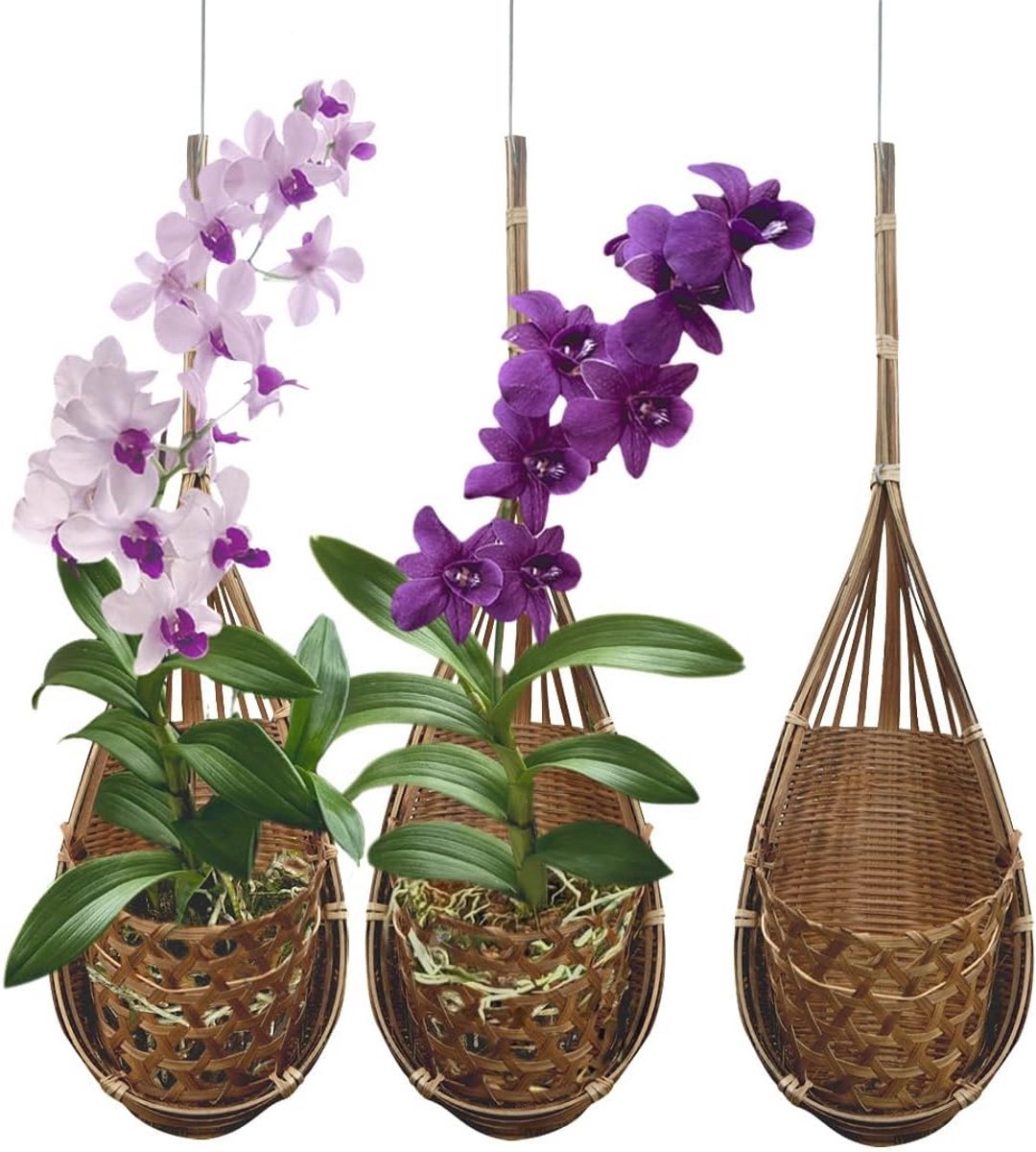 Hangende Orchideeënmanden Set van 3 - Multifunctionele Vogelnest Stijl Bamboe Plantenhangers voor Binnen en Buiten