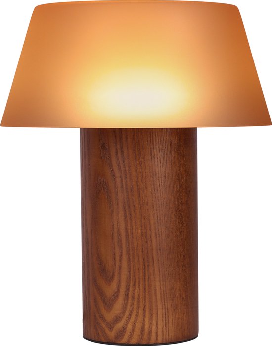 Atmooz Vancouver Tafellamp – Ø28 cm – decoratieve tafellamp woonkamer – geïntegreerde LED 3000K – matte bruine glas kap met eikenfineer voet – warme sfeerlamp voor kast of tafel – modern design – bruin hout en bruin glas