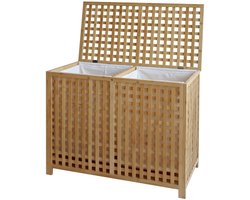 CLP Wasmand met deksel - 2 Vakken Dorothea - rechthoek - Wasbox - waszakken wasbaar uitneembaar - Bamboe Frame - voor Badkamer - natura