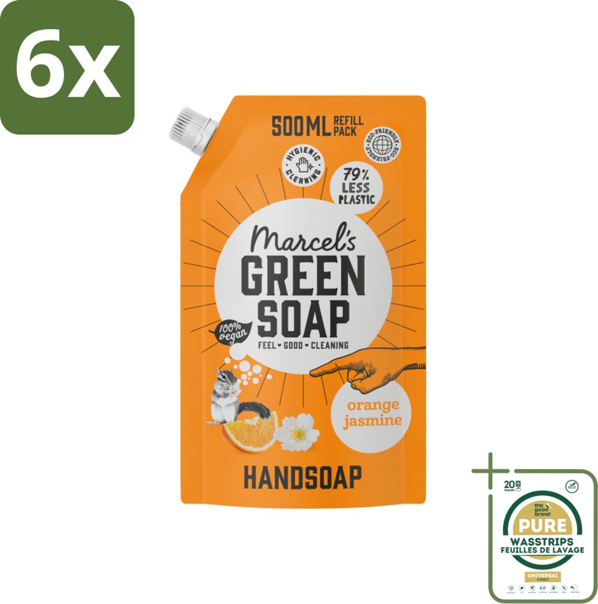 Marcel’s Green Soap – Handzeep Navulling – Sinaasappel & Jasmijn – 500 ml - Voordeelverpakking - 6 stuks - Jasmijn - Natuurlijke handzeep