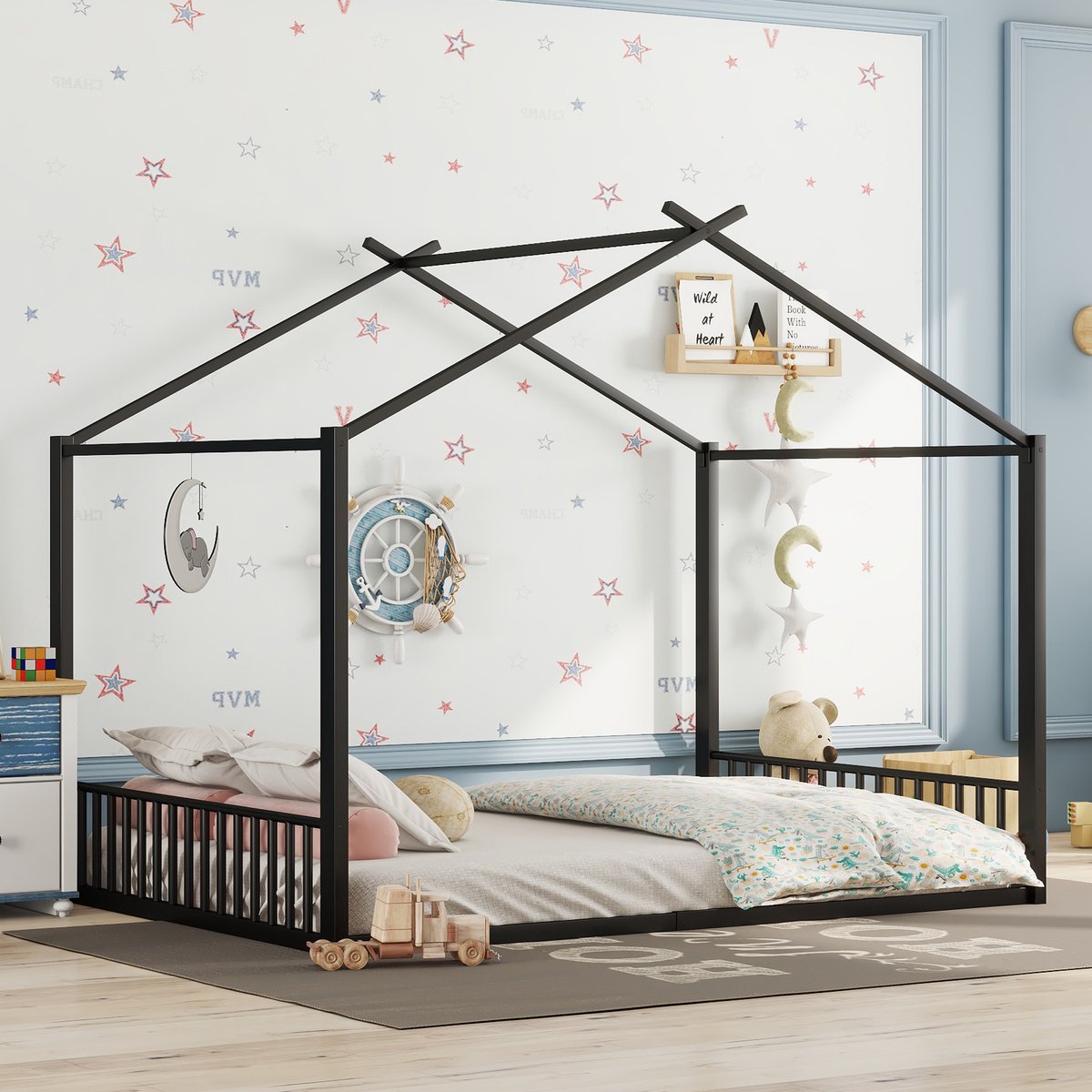 Wishdor Kinderbed 140x200 cm – Huisvorm – Strak & Stoer – Metaal – Zwart