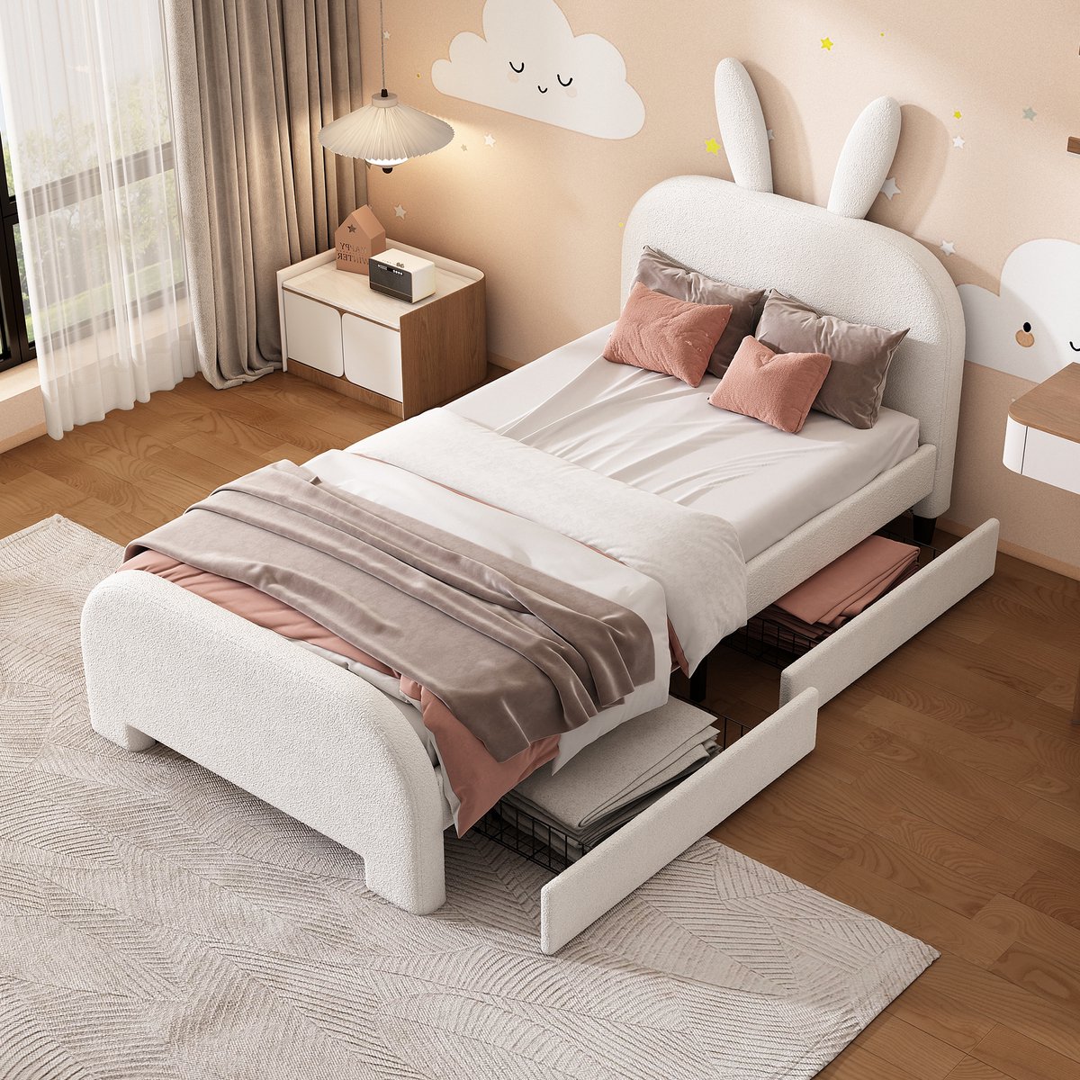 MODFU Bedframe 140x200 cm – Met inklapbaar bureau, veiligheidsleuning en LED – Metaal – Wit – Ruimtebesparend