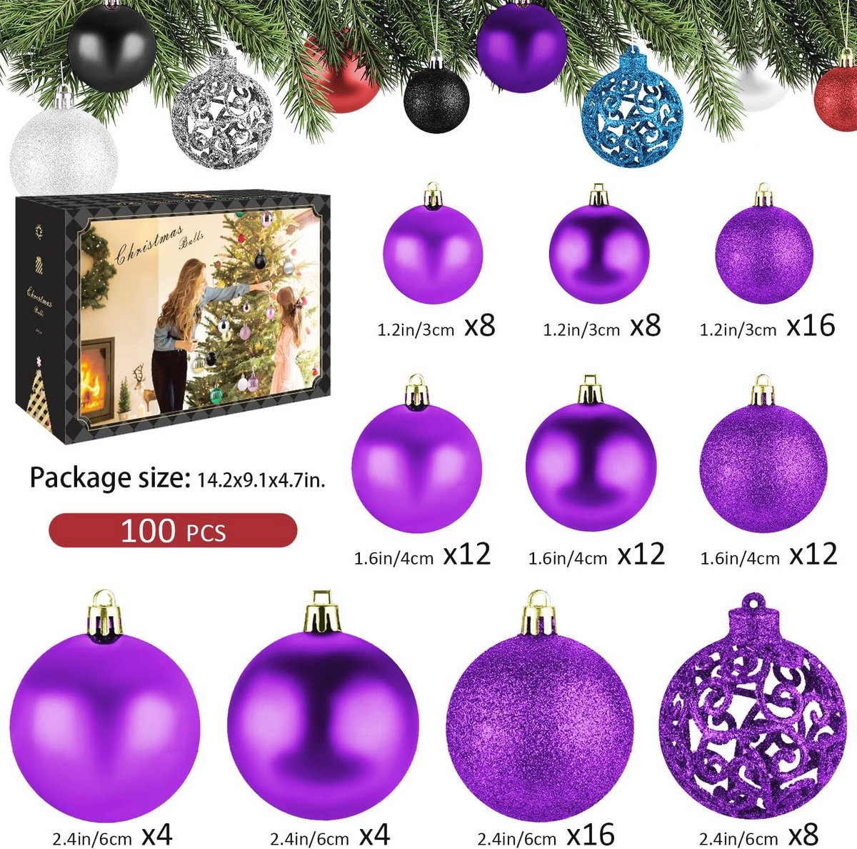 Kerstballen Set 100 Stuks - Kunststof Hangende Versieringen voor Thuis en Festival Decoratie 3-6CM (Paars) – foto 6