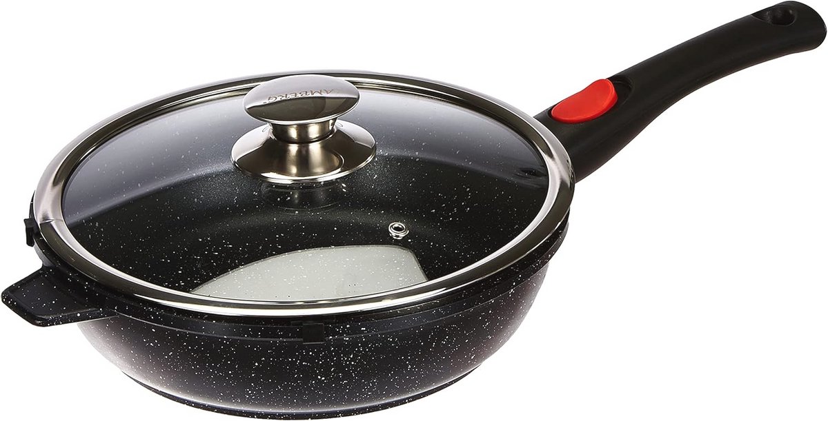 Zwenkpan 24 cm met Afneembare Handgreep - Gegoten Aluminium met Steenlook Coating en Glazen Deksel voor Alle Warmtebronnen - PFOA-vrij, Grijs