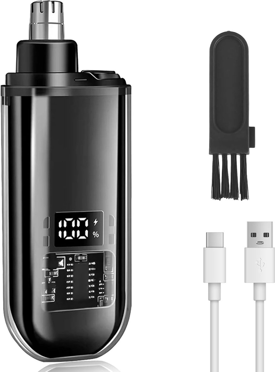Elektrische neushaartrimmer, draagbare neushaartrimmer, unisex, IPX7 waterdicht, USB oplaadbaar, gemakkelijk schoon te maken, reisformaat, zwart met scherm.