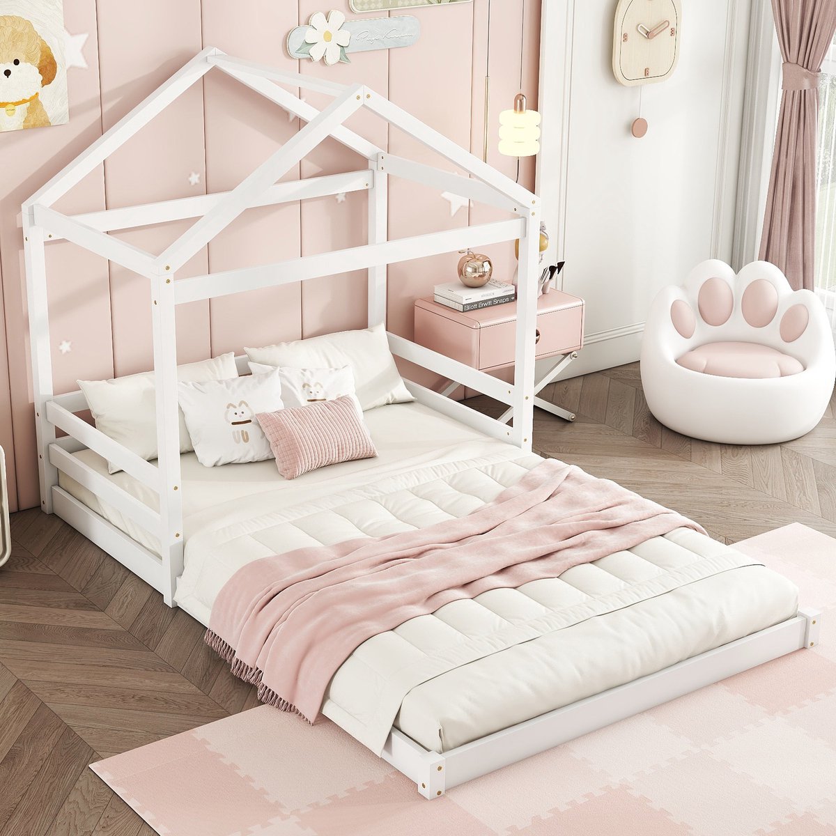 MODFU Luxe Montessori Huisbed (140x200) - Twijfelaar Kinderbed met Huisframe - Massief Grenenhout - Wit - 160 cm Hoog