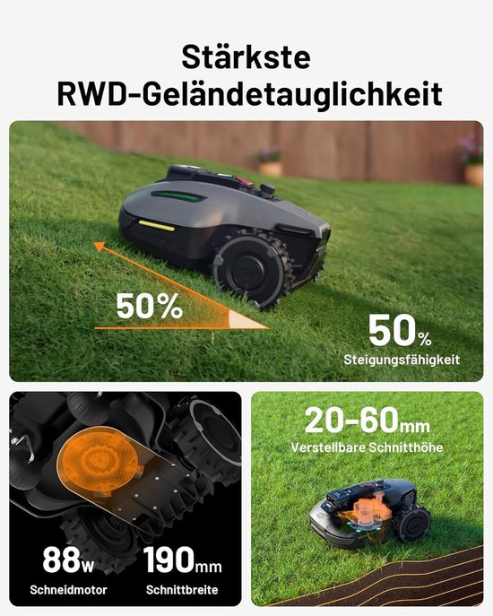 Draadloze Robotgrasmaaier NetRTK+Vision - App & 4G Module - Slimme AI Obstakeldetectie - 700 m² Bereik (Max. 1100 m²) - 50% Helling - Verstelbare Maaihoogte - 190 mm Maaibreedte — afbeelding 3