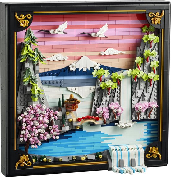 LEGO Art Japanse Kersenbloesem Landschap muurdecoratie met waterval, berg, kersenbloesems en kraanvogels.