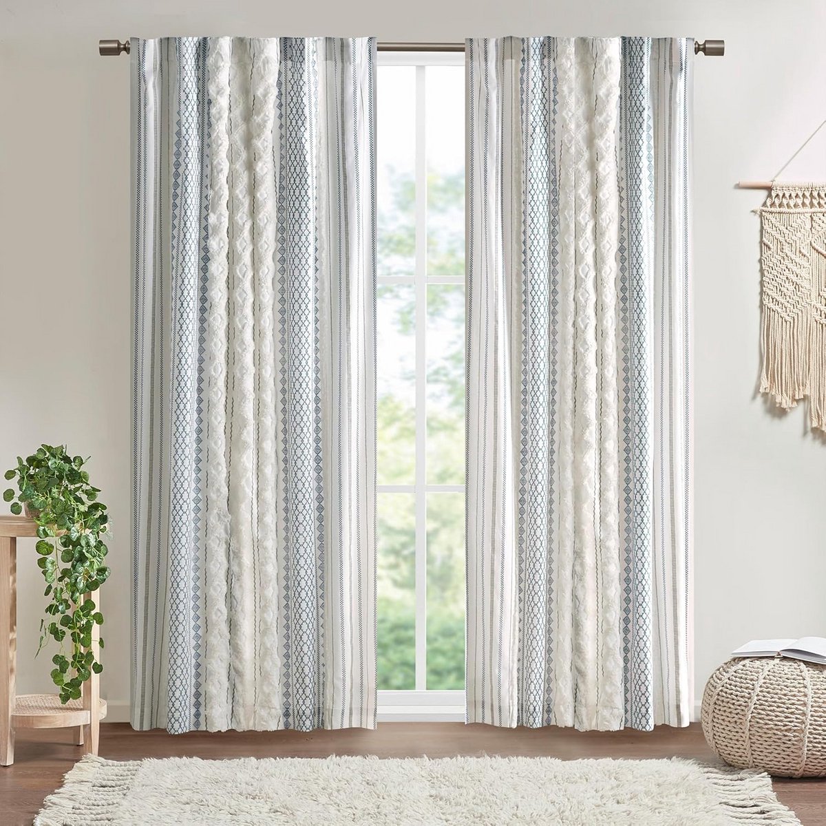 Boho Gordijnen voor Slaapkamer en Woonkamer, 100% Katoen Getuft Chenille Streep, Moderne Boerderij Stijl, 50x95 cm, Wit/Navy