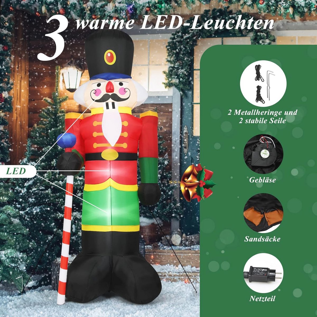 Opblaasbare Kerstman Soldaat - Kerstfiguur Decoratie - Tuin Versieren - Met Ingebouwde Verlichting - 240 cm - Multicolor – foto 5