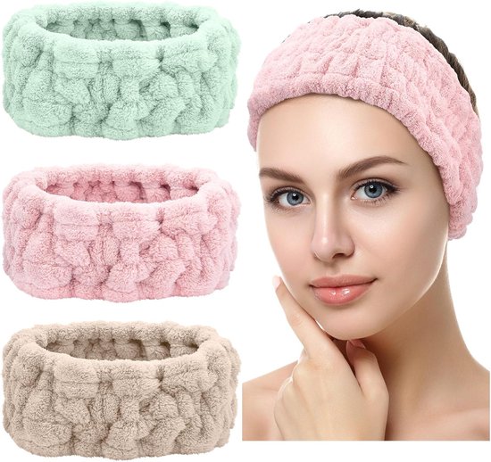 3-delige haarbandenset (haarband voor gezichtsreiniging, make-up haarband, fleece haarband voor huidverzorging en spa, sport- en yoga haarbanden voor dames en meisjes (roze + groen + kaki))