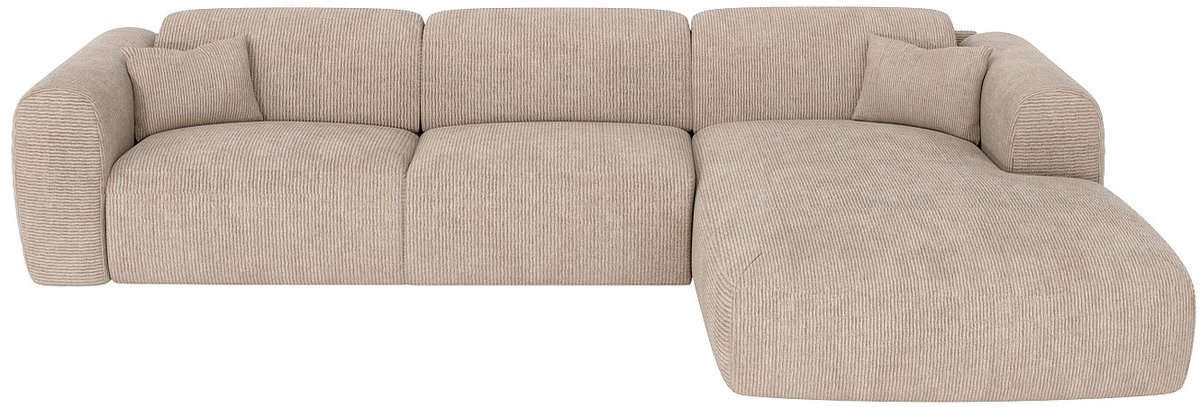 Vente-unique Ruime hoekbank met rechtse hoek en snel uitklapbare slaapbank, ribfluweel stof in beige - POGNI